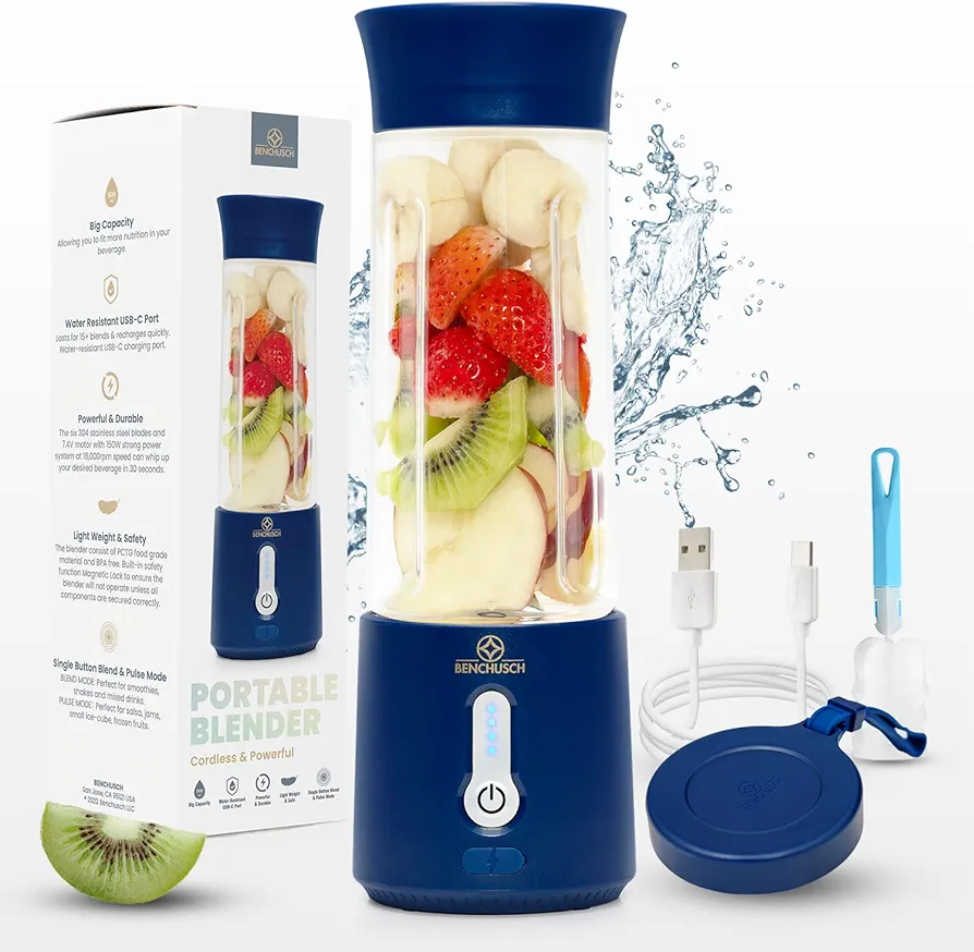 Portable Blender - 18 Oz USB Rechargeable Personal Size Blender for Shakes and Smoothies - 150W Power With 6 Blades And Pulse Mode - With Cup Lid for Traveling, Outdoor, Gym, Office (Royal Blue)