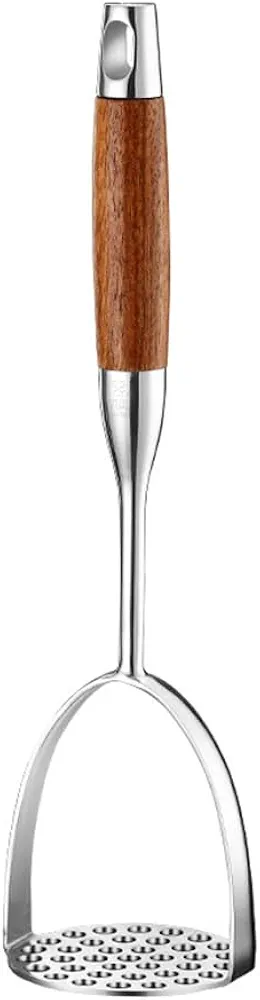 Angoily Stainless Steel Potato Masher with Wooden Handle Heavy Duty Potato Ricer Presser Handheld Potato Smasher for Avocado Bean Vegetable (As Shown)