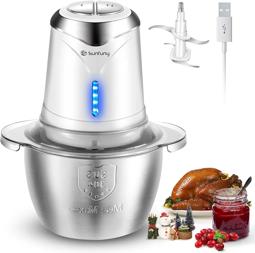 Food Processor Cordless Vegetable Chopper with 5 Cup Stainless Steel Bowl＆6000mAh USB Rechargeable Battery, Electric Garlic Meat Choppers BPA-free Baby Food Processors Blender Mincer, 2 Speeds (White)