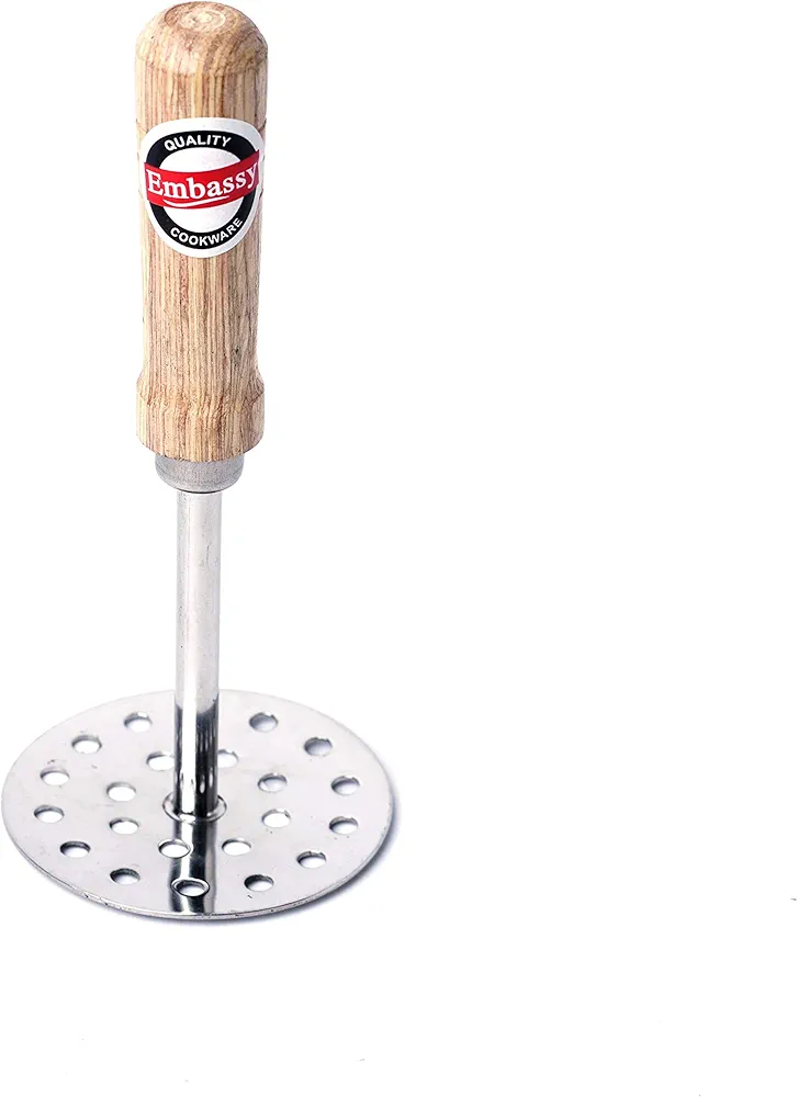 Embassy Stainless Steel Vegetable/Potato/Pav Bhaji Masher with Wooden Handle Size 3 Pack of 1 8.5 cms