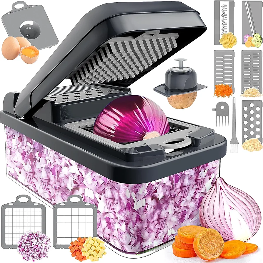 12-in-1 Vegetable Chopper, Kitchen Gadgets, Veggie Chopper, Food Chopper, Onion Chopper, Cucumber Slicer, Versatile Mandoline with 7 Blades, Includes Egg Separator & Finger Guard, Gray