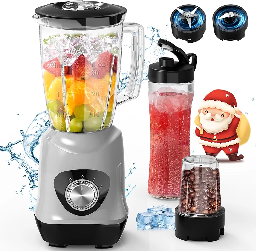 3 in 1 Blenders for Kitchen, Countertop Blender and Grinder Combo with No-BPA 34oz Pitcher, 20oz To-Go Cup & Spout Lids, 5oz Grinding Cup for Smoothies and Shakes, Frozen Drinks, Sauces, 10-Piece