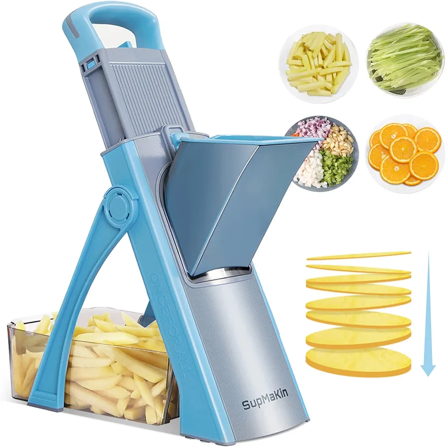 SUPMAKIN Upgrade Safe Mandoline Slicer Plus, Adjustable Potato Slicer, Vegetable Chopper Food Slicer, Fries Cutter, Veggie Salad Chopper Kitchen Chopping Artifact Christmas Gifts(Blue)