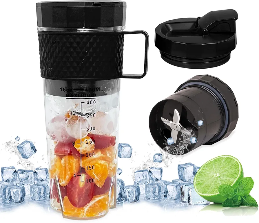 Portable Blender with Leakproof Lid for Shakes and Smoothies, 16 Oz Rechargeable Type-C Personal Mini Cordless with Ultra Sharp 6 Stainless Steel Blades for Traveling Outdoor Gym Office Black