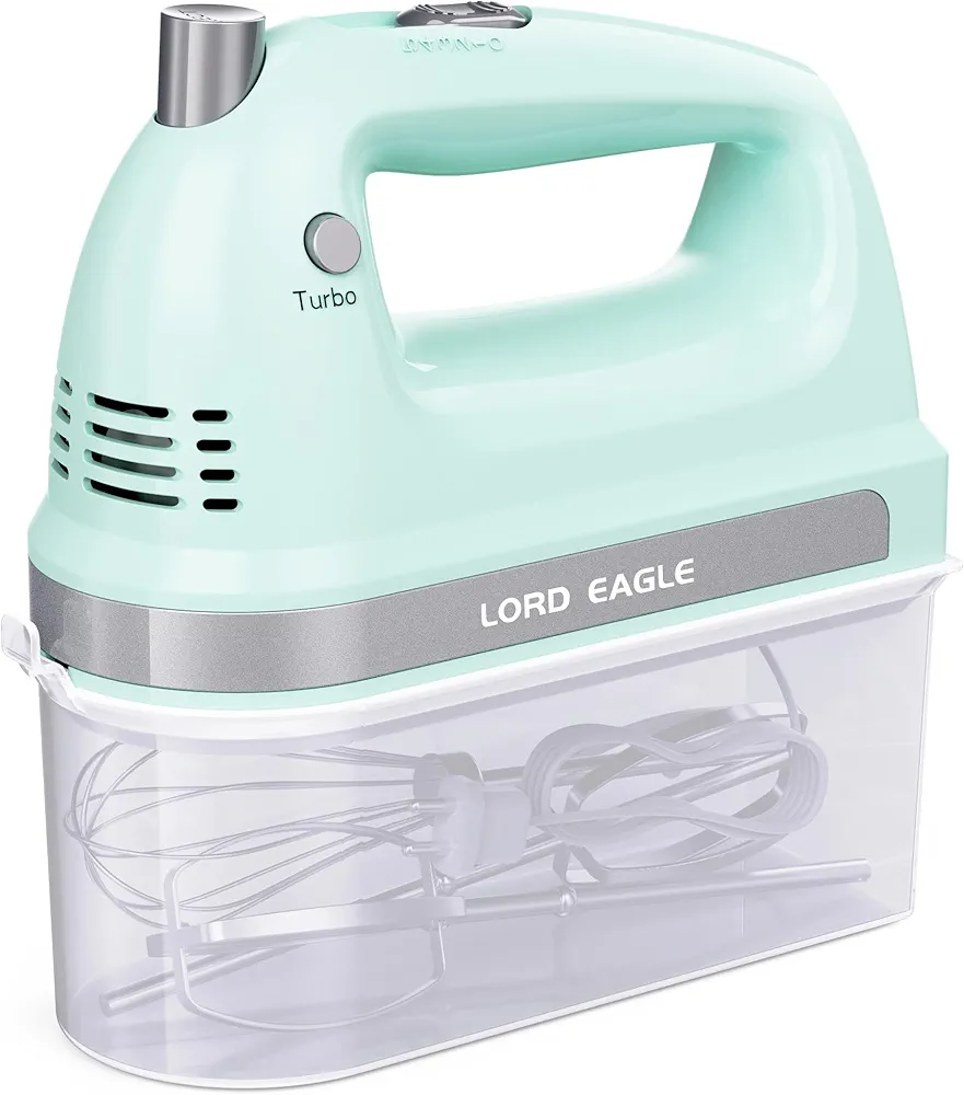 Lord Eagle Hand Mixer Electric, 400W Power handheld Mixer for Baking Cake Egg Cream Food Beater, Turbo Boost/Self-Control Speed + 5 Speed + Eject Button + 5 Stainless Steel Accessories (Green mini)
