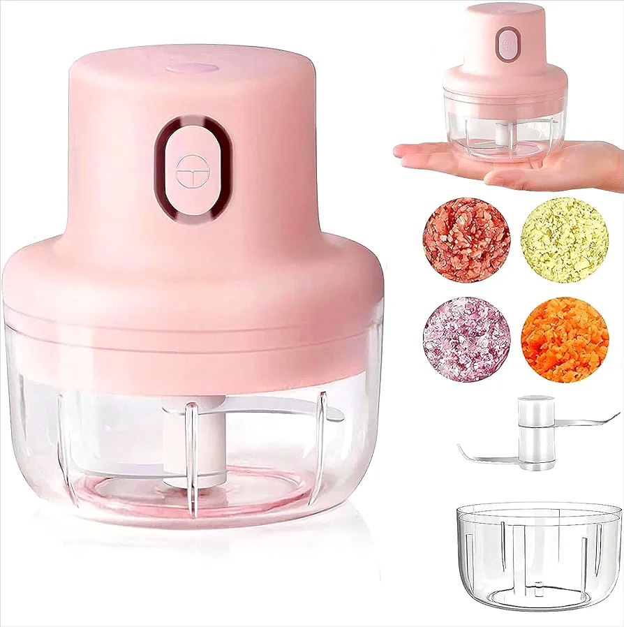Electric Garlic Chopper, Pink USB Charging Wireless Food Mini Portable Veggie Garlic Grinder Masher Onion Cordless Blender Processor Crusher for Ginger, Chili, Fruit, Meat, Spices, Beans, etc (250ml)