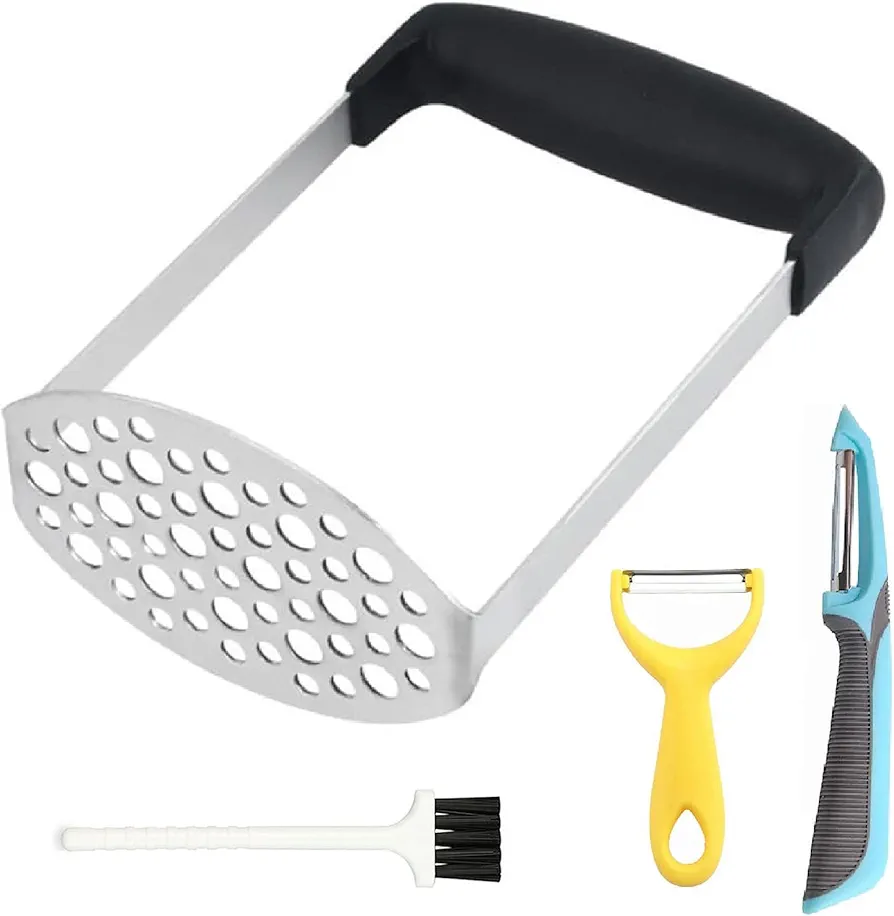 YIZUNNU 4Pcs/Set Heavy Duty Potato Masher and Potato Peeler Set Stainless Steel Kitchen Tool with Cleaning Brush, Soft Grip and Non-Slip Handle for Mashed Potatoes Fruit Vegetable
