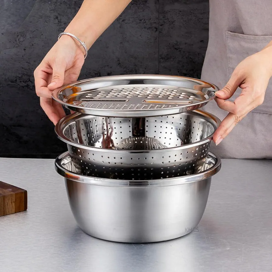 3 in 1 Stainless Steel Grater Shredder Slicer with Colander Drain Basin Bowl for Vegetables Fruits Salad as Washing Basket in Kitchen