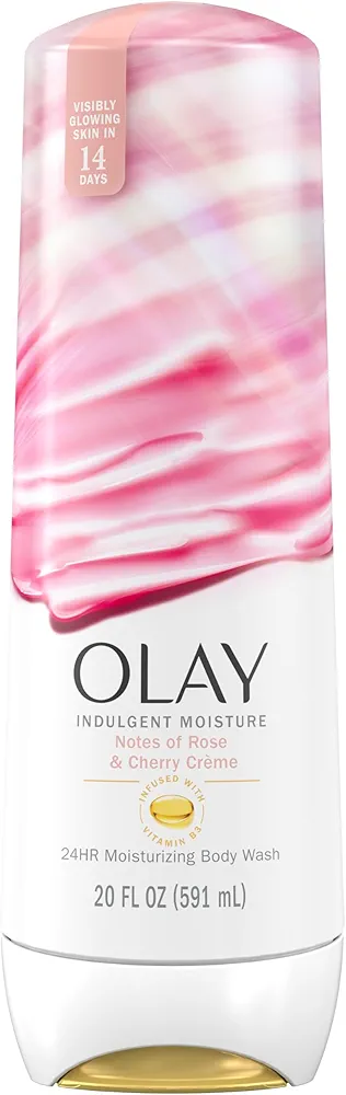 Olay Body Wash Indulgent Moisture for Women, Infused with Vitamin B3, 24hr Moisture, Notes of Rose and Cherry Creme Scent, 20 fl oz