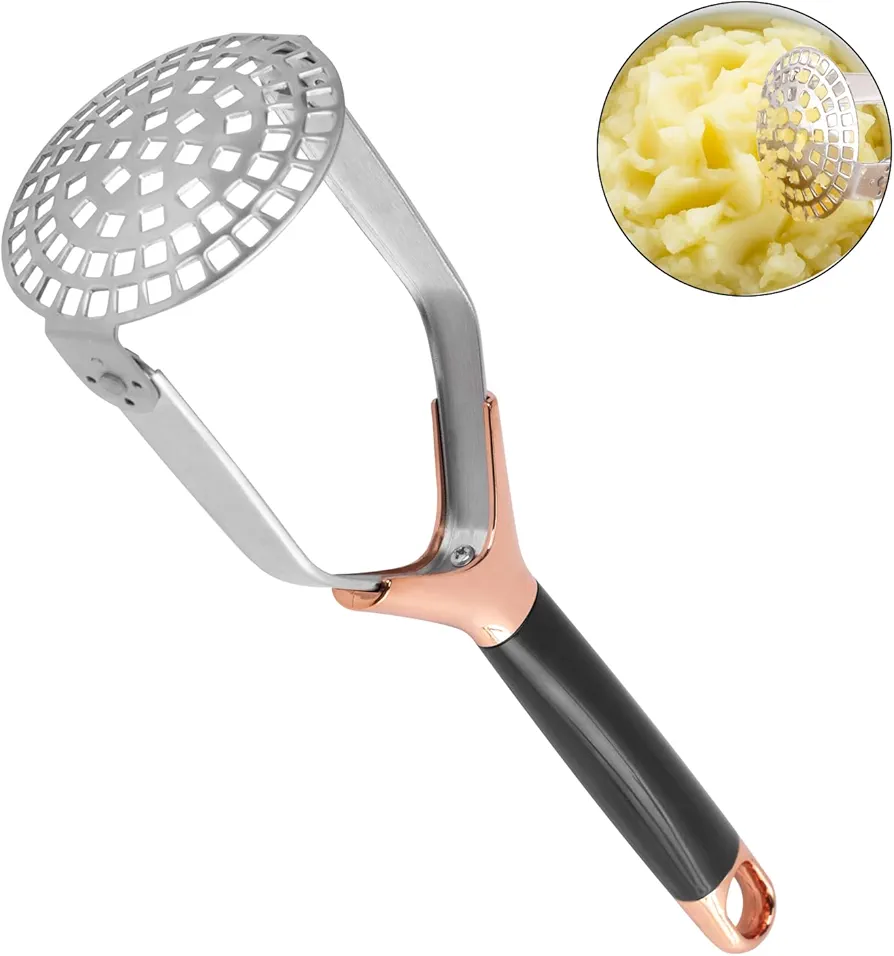 Potato Masher, Folding Stainless Steel Non Stick Non-Slip Mash Potatoes Masher 12 Inch Long Handle Saves Space Heavy Duty Bean Smasher Tool for Avocado, Bean, Rose Gold