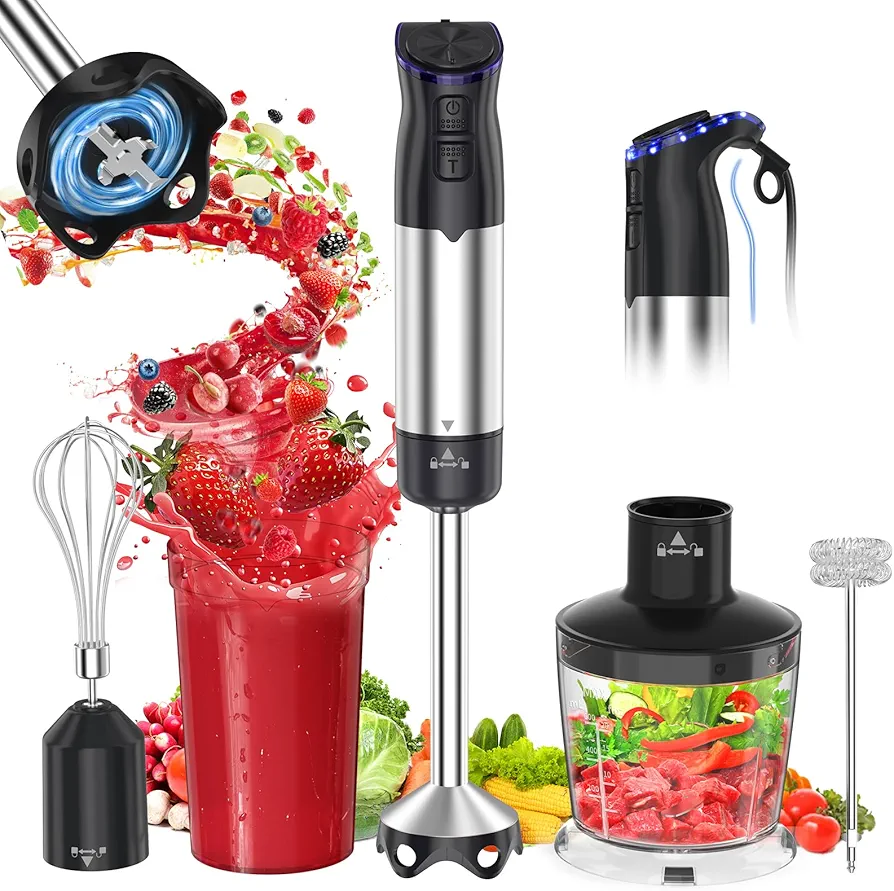 Electric Immersion Blender Handheld 1200W, 5-in-1 Hand Blender Mixer for Kitchen with 20-Speed & Turbo Boost, 800ml Beaker, 600ml Chopper, Whisk and Milk Frother for Smoothie, Soup, Puree, Baby Food