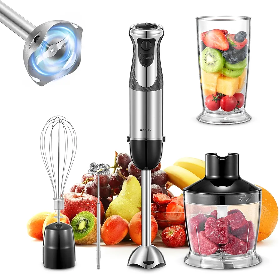 5-in-1 Hand Immersion Blender, 1000W Handheld Blender, Copper Motor Stainless Steel Blade Stick Blender, Mixing Beaker, Food Processor, Whisk, Milk Frother, for Smoothies Puree Baby Food (Black)