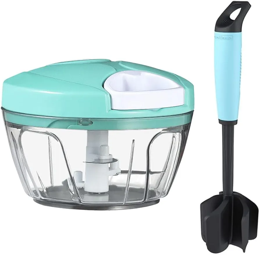 Ourokhome Manual Food Processor Vegetable Chopper and Hamburger Meat Chopper Stirrer, Hand Pull String Chopper and Heat Resistant Ground Beef Masher Smasher