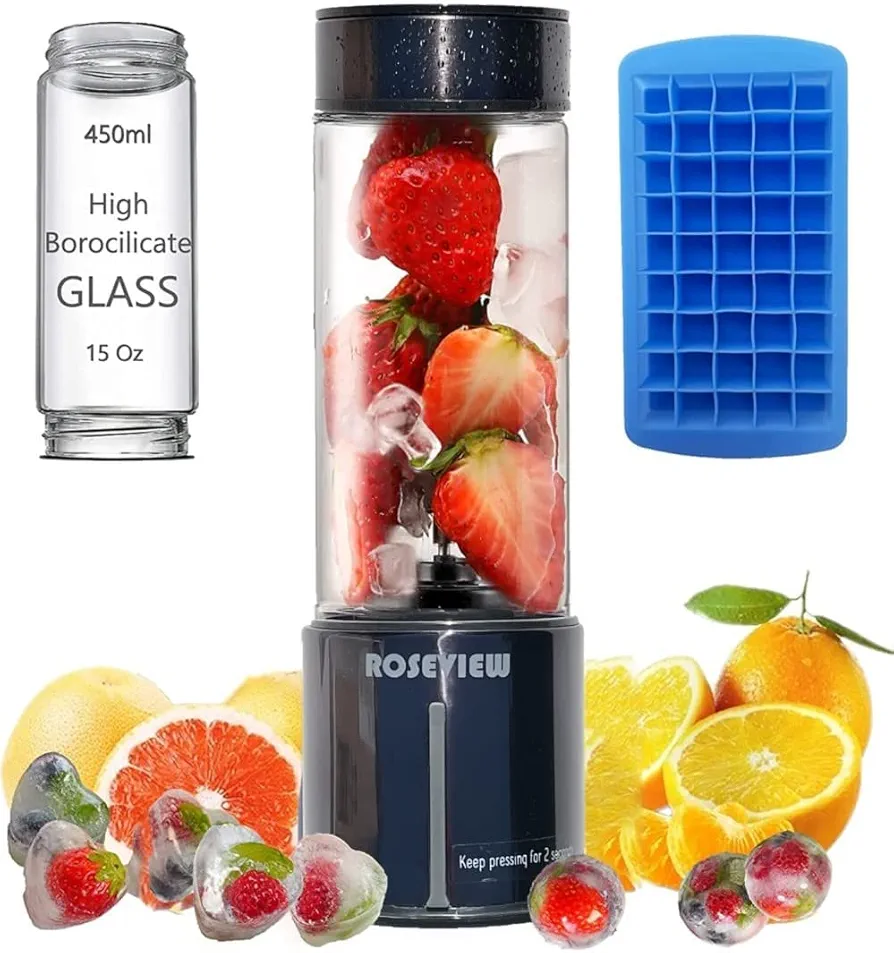 Portable Smoothie blender Glass bottle Mini USB rechargeable 2 battery Handheld Shakes blend Cup USB juicer Cordless Personal smoothies maker Fruit mixer (Pearl Black)