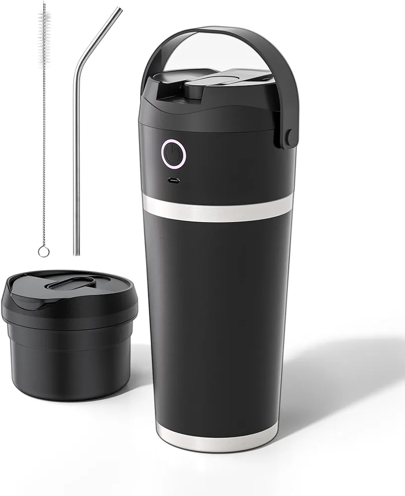 Portable Blender with Insulated Cup, Personal Blender for Smoothies, 11.1V high-torque Motor, Stainless Steel Cup, Keep Cold 24 Hours, Self-cleaning, USB-C Rechargeable, 20 oz, Travel Lid, Black
