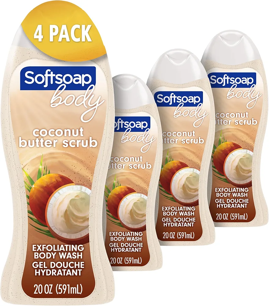 Softsoap Body Wash, Coconut Butter Scrub , Exfoliating Body Wash, 20 Ounce, 4 Pack