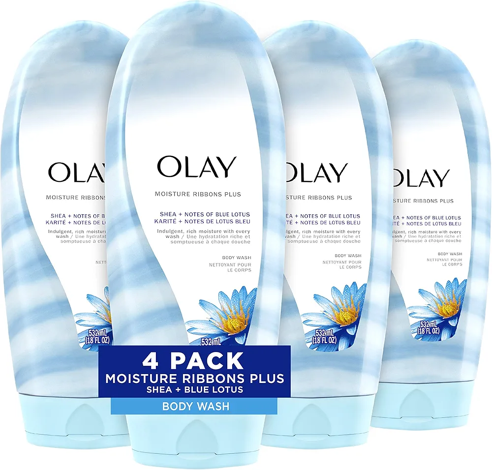 Olay Moisture Ribbons Plus Shea + Notes of Blue Lotus Body Wash, 18 Fl Oz, Pack of 4