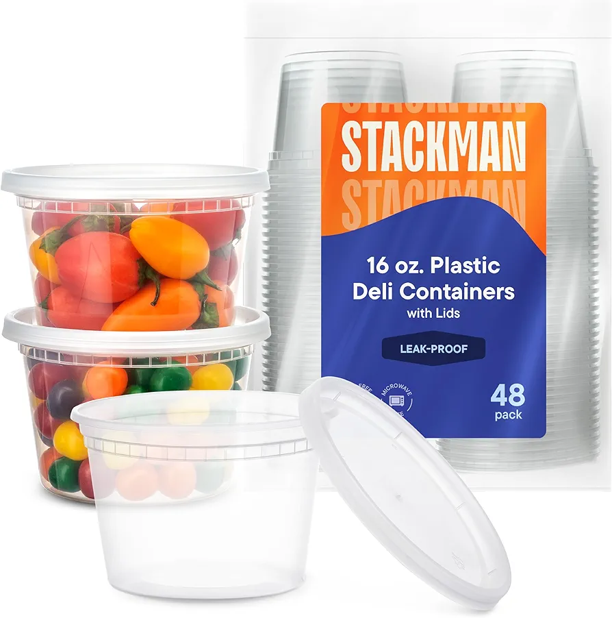 Deli Containers with Lids [48 Sets - 16 oz.] Pint Plastic Soup Container - Disposable Deli Food Storage Containers with Airtight Lids for Freezer & Restaurant Takeout