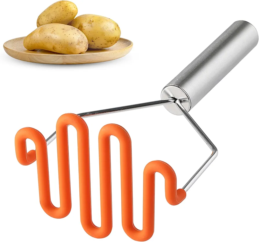 Potato Masher, VITUER Non-Scrath Silicone Potatoes Masher, Premium Stainless Steel Wrapped in Silicone Mashed Potatoes Masher, Great for Avocado, Potatoes, Beans, Dishwasher Safe (9.25inch, Orange)