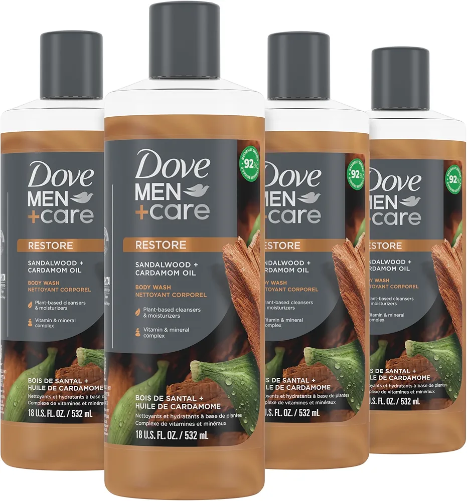 Dove Men+Care Body Wash Sandalwood + Cardamom Oil 4 Count to Rebuild Skin in the Shower with Plant-Based Cleansers and Moisturizers 18 oz