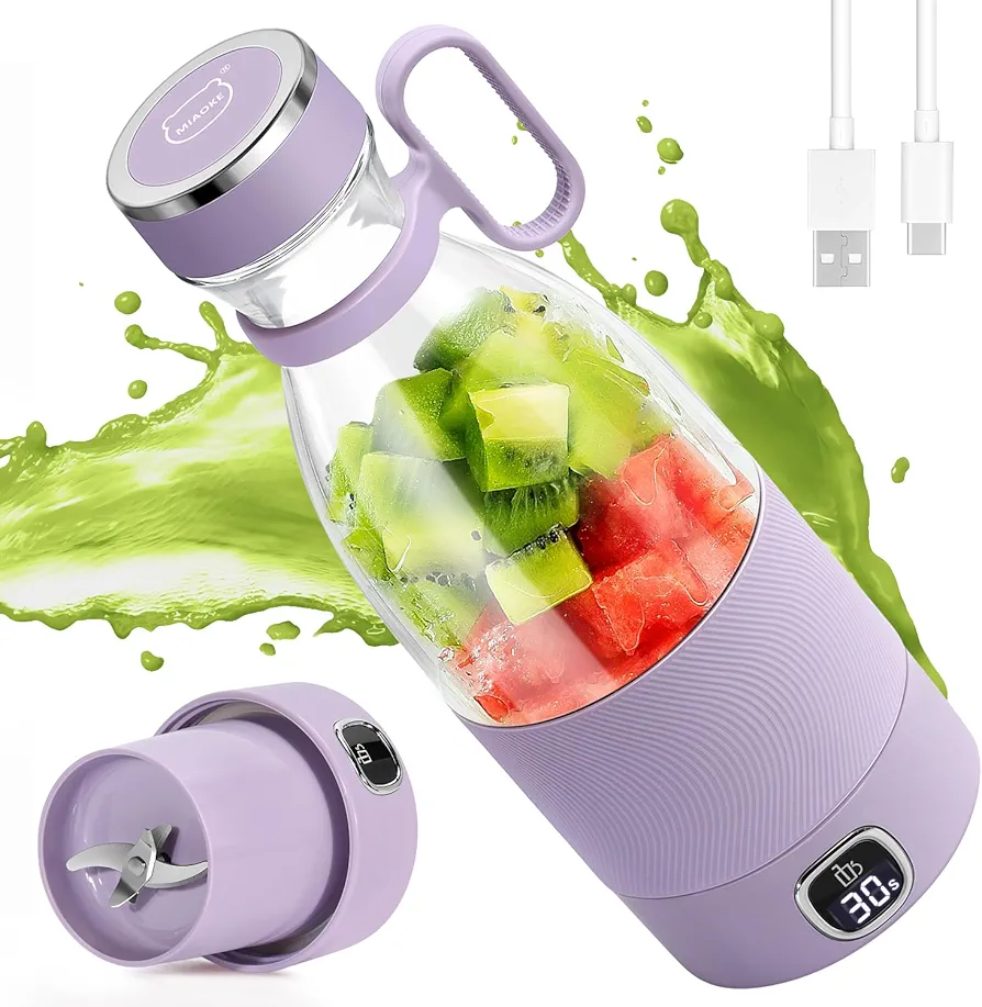 Portable Blender, MIAOKE 6 Blades Juicer Cup for Juice Shakes and Smoothies 350ml Mini Blender with Led Display Usb Rechargeable,3000Mah Rechargeable Battery, for Home Sports Outdoors Travel-Purple