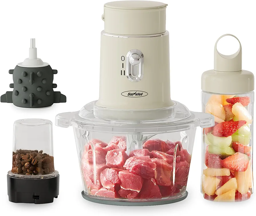 Sunvivi 4 in 1 Blender and Food processor Combo, Electric Food Chopper, Peeling Garlic & Juicing, 2 Speed Small Food Grinder for Grinding Meat with 1.5L Glass Bowl & 2 Cups (0.4L+0.2L), Beige