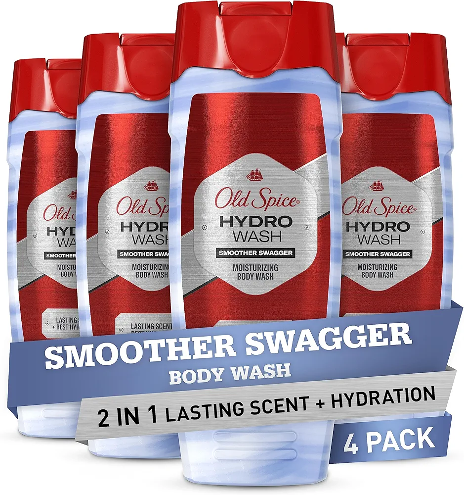 Old Spice Body Wash Hydro Wash for Men, 2 in 1 Lasting Scent + Hydration, Hardest Working Collection, Smoother Swagger Scent, 16 Ounce (Pack of 4)