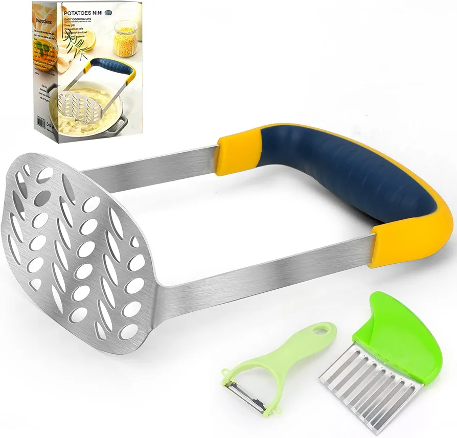 Stainless Steel Potato Masher Set, Professional Kitchen Utensils Potatoes Masher with Long Handle, included Peeler, Vegetable Crinkle Cutter for Potato and Fruits, Easy to Use and Clean