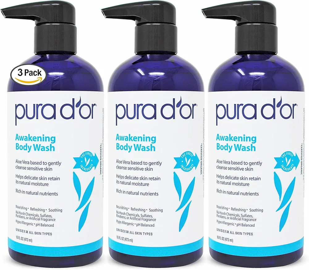 PURA D'OR Awakening Body Wash (16oz x3 = 48oz) Aloe Vera, Chamomile, Lavender, Tea Tree for Invigorating Earthy Scent, pH Balanced for Moisturized Soft, Fresh-Feeling Skin, All Skin Types, Men & Women