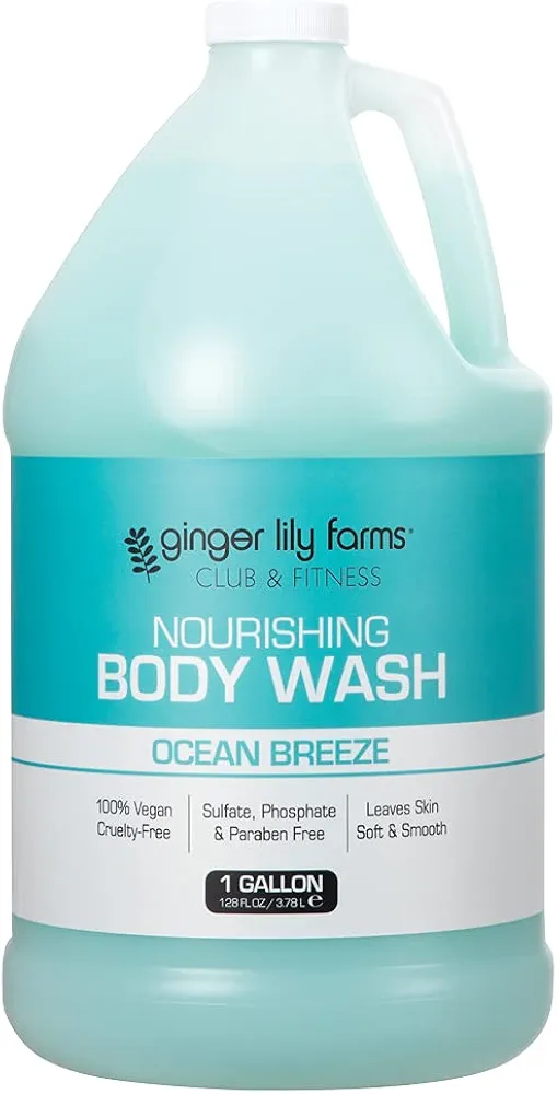 Ginger Lily Farms Club & Fitness Nourishing Body Wash, 100% Vegan & Cruelty-Free, Bath & Shower Gel for Men and Women, Ocean Breeze Scent, 1 Gallon (128 fl. oz.) Refill