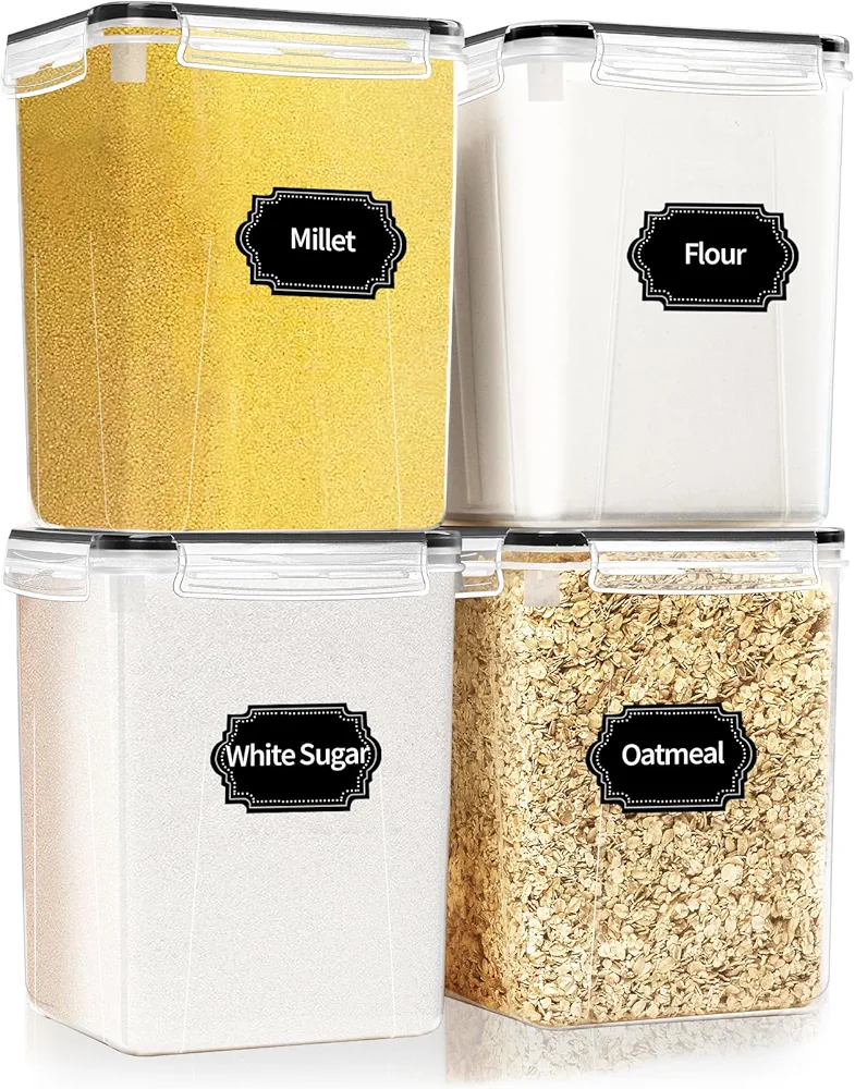 4 Pack Large Airtight Food Storage Containers with Lids (5.2L / 176oz), BPA Free Plastic Kitchen and Pantry Organization Contianers for Cereal Flour and Sugar Storage - Labels & Marker