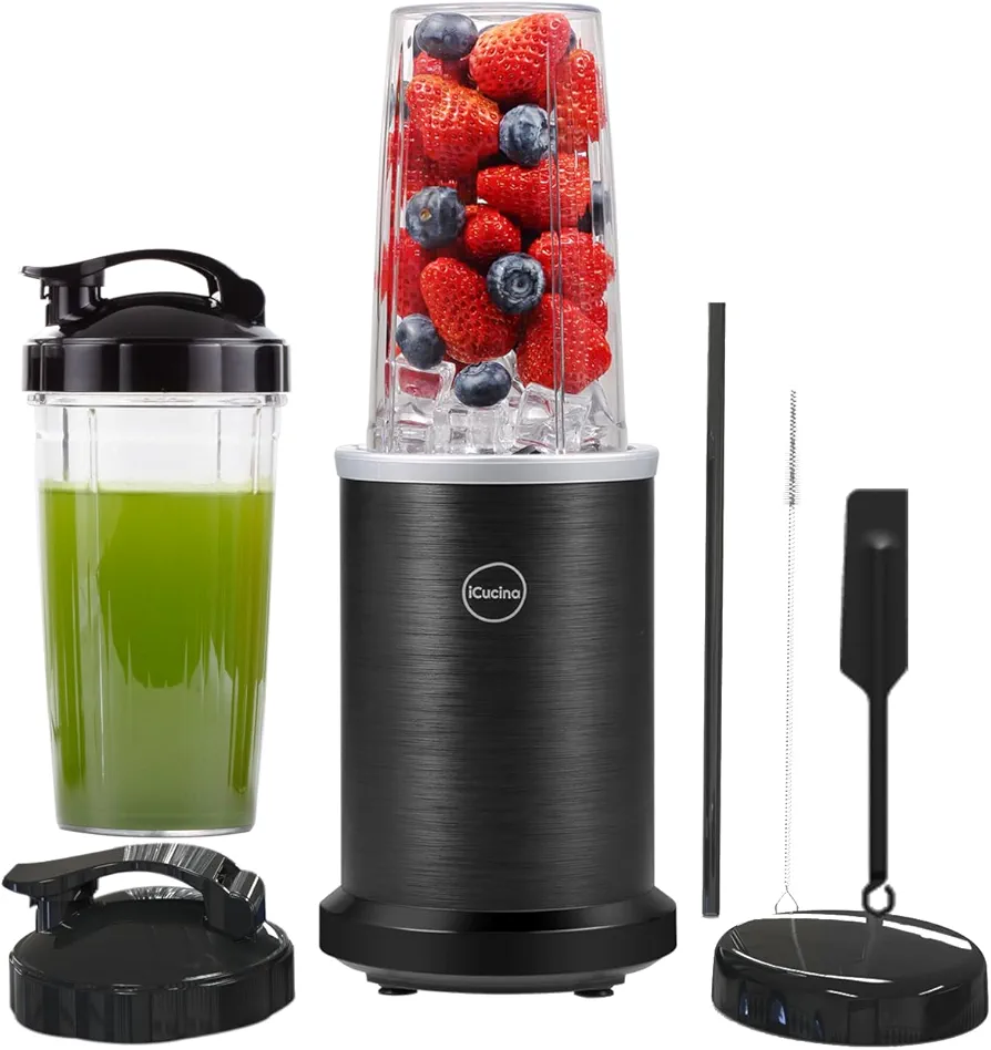 iCucina Blenders for Smoothies and Shakes, 1000W Personal Blender 32 oz * 2 To-Go Portable Cups with Lids for Frozen Fruits, Protein Drinks, Ices, 13 Pcs Blender Set for Kitchen