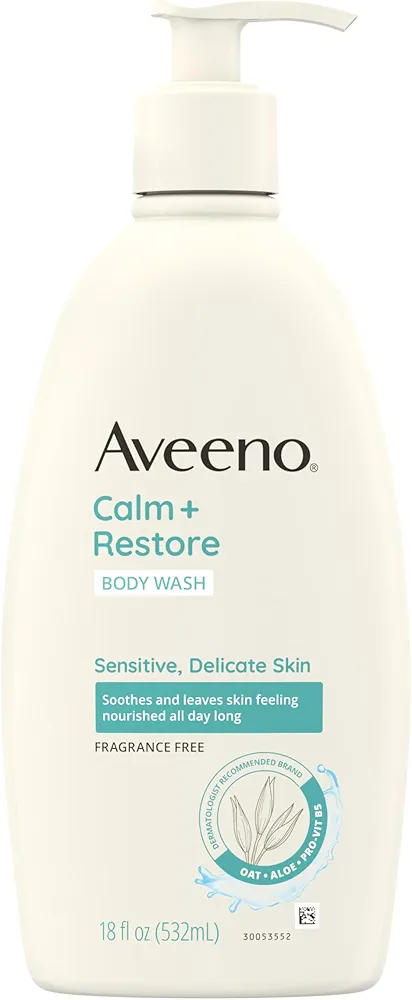 Aveeno Calm + Restore Daily Body Wash for Sensitive, Delicate Skin, Gentle Cleanser with Oat, Aloe & Pro-Vitamin B5 Soothes & Leaves Skin Feeling Nourished, Fragrance Free, 18 fl. oz
