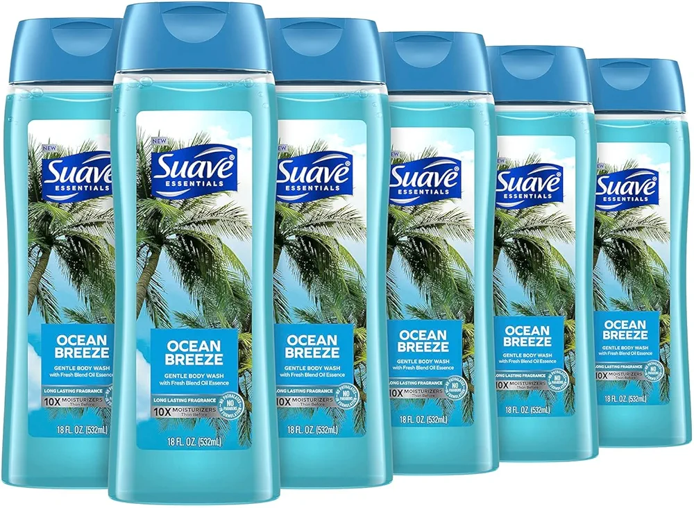 Suave Moisturizing Body Wash, with Ocean Breeze Scent and Vitamin E Extract, No Parabens, No Phtahaltes, 18 Oz Pack of 6