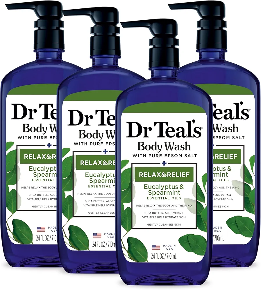 Dr Teal's Body Wash with Pure Epsom Salt, Relax & Relief with Eucalyptus & Spearmint, 24 fl oz (Pack of 4) (Packaging May Vary)