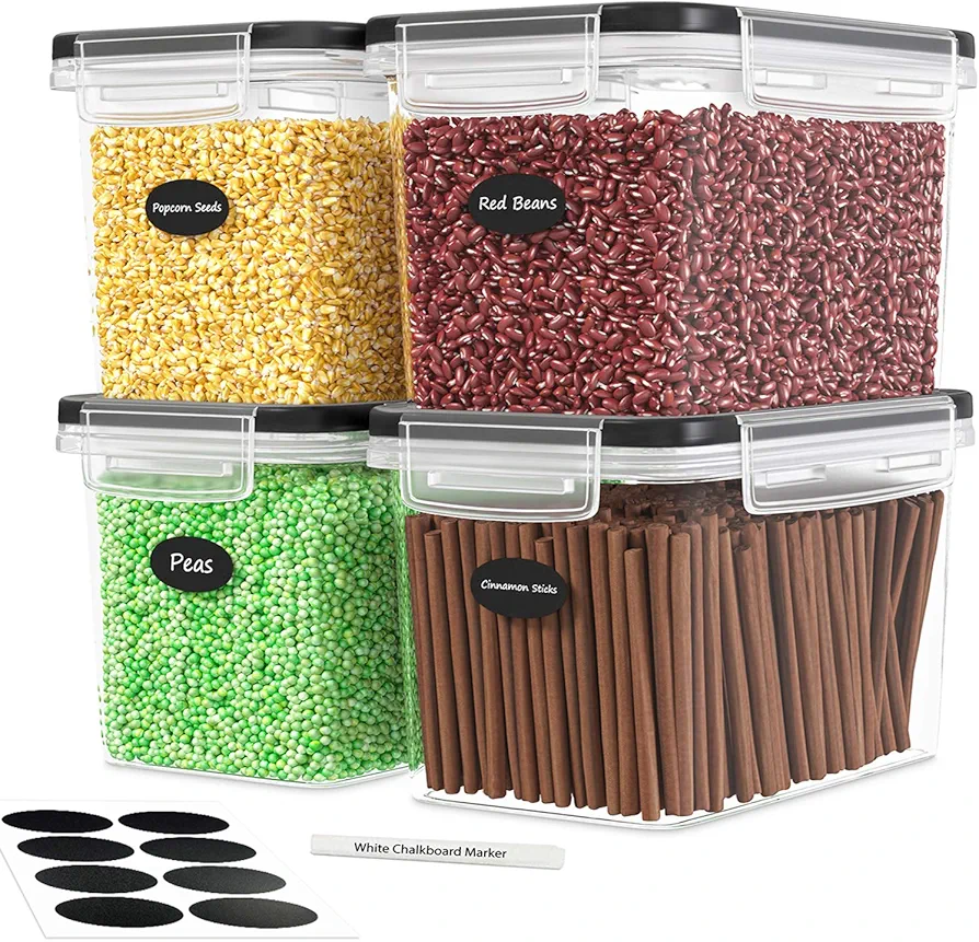 DWËLLZA KITCHEN Airtight Food Storage Container Set - 4 Pieces 3.6L - Plastic BPA Free Kitchen Pantry Storage Containers - Dishwasher Safe - Include 8 Labels and Marker - Keeps Food Fresh & Dry