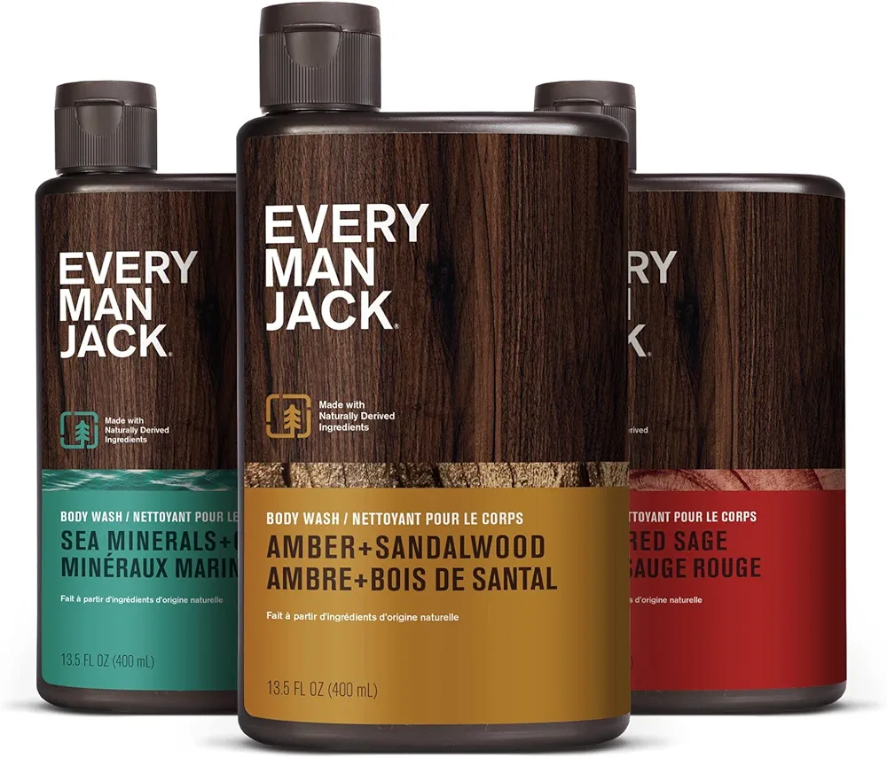 Every Man Jack Men's Body Wash Variety Pack - Includes 3 Body Washes with Natural Ingredients & Incredible Scents - Amber + Sandalwood, Cedar + Red Sage, Sea Minerals + Citron Fragrances (3 Pack)