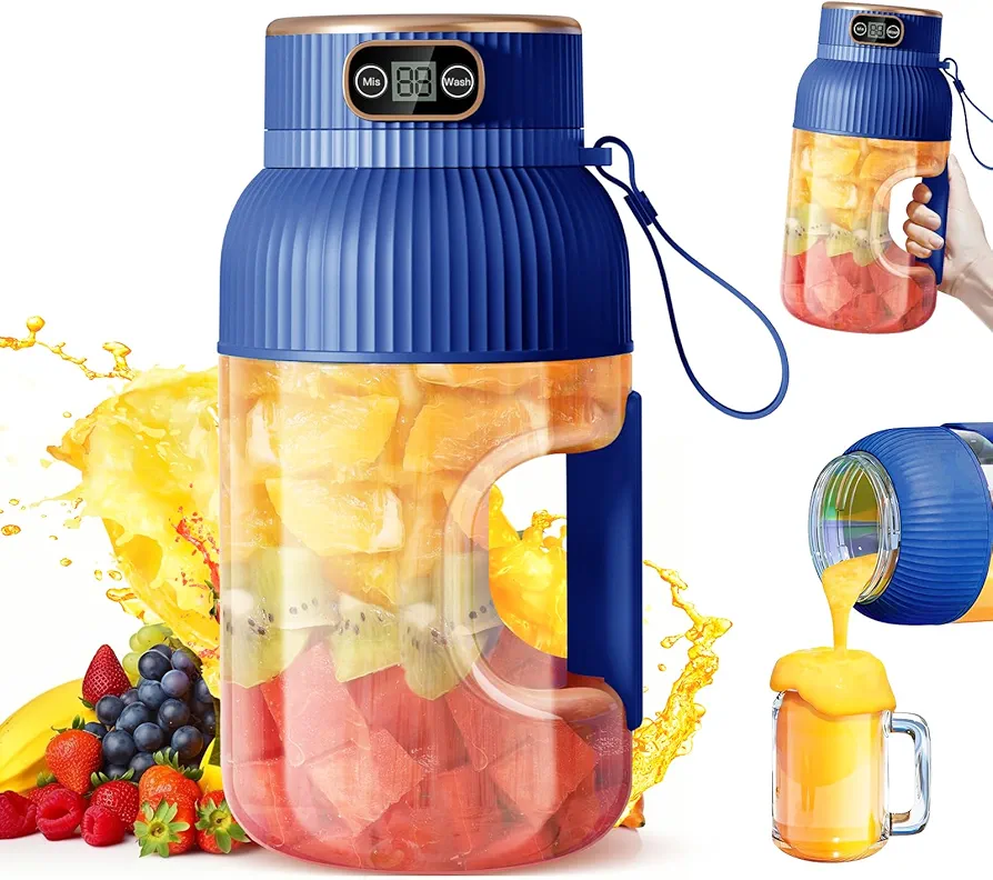 Portable Juicer Blender, Multifunctional Portable Juicer Cup with Digital Display, 40 Oz BPA Free Smoothie Blender Cup To Go, USB Rechargeable Electric Blender for Kitchen/Home/Travel - Blue