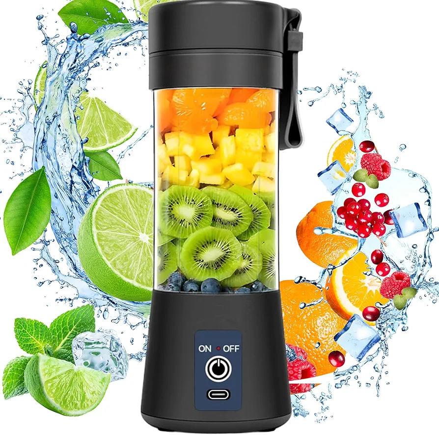 Portable Blender for Shakes and Smoothies,USB Rechargeable Personal Blender for 6 Stainless Steel Blades,380Ml Mini Blender for Kitchen,Travel,Picnic,Sports,Black
