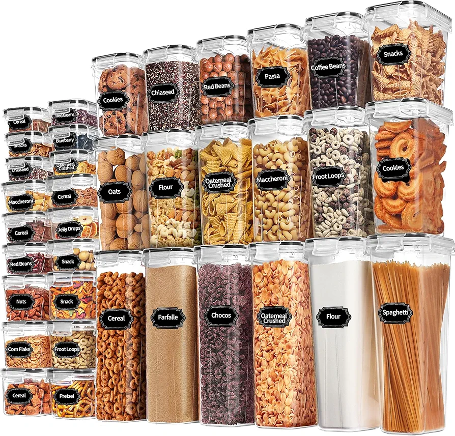 Skroam 36 Pack Airtight Food Storage Containers for Kitchen Pantry Organizers and Storage, Plastic Kitchen Storage Containers with Lids for Flour, Sugar, and Cereal, Labels & Marker