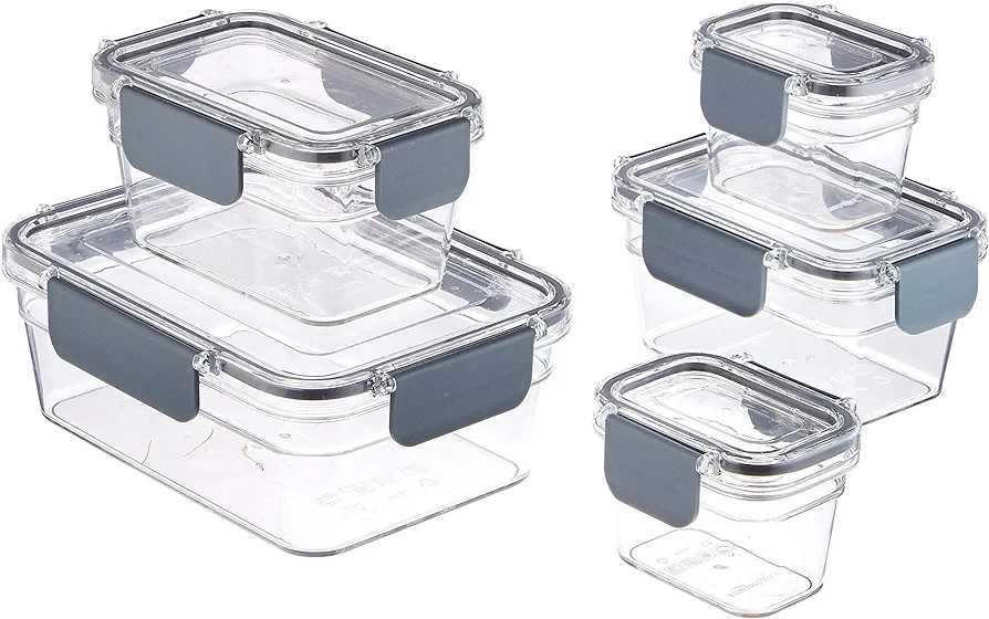 Amazon Basics Large Food Storage Containers - Tritan Plastic Locking, Air Tight, 10 Pieces, Clear