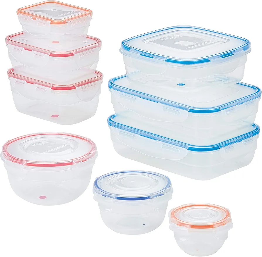 LOCK & LOCK Easy Essentials Color Mates Food Storage lids/Airtight containers, BPA Free, 18 Piece, Clear