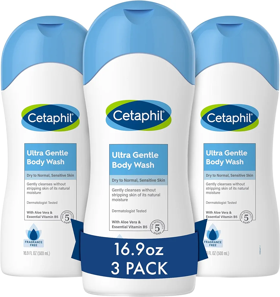 Cetaphil Ultra Gentle Refreshing Body Wash, For Dry to Normal, Sensitive Skin, 16.9oz Pack of 3, Aloe Vera, Calendula, Vitamin B5, Hypoallergenic, Paraben Free, Fragrance Free, Dermatologist Tested