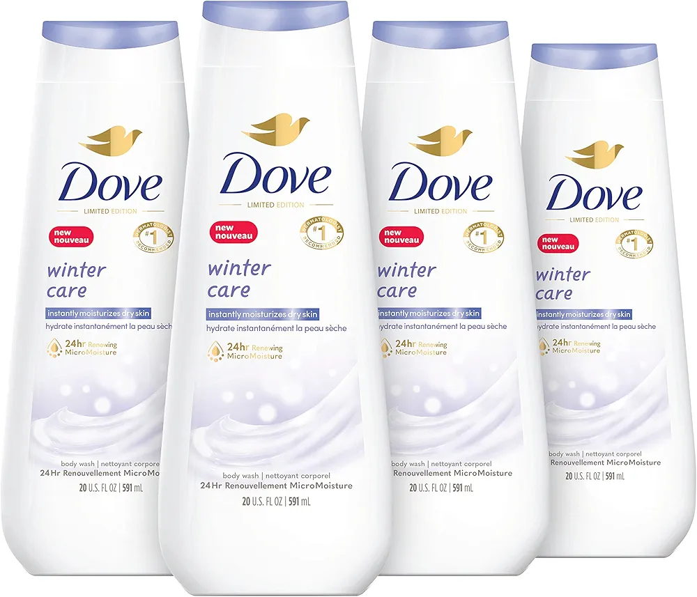 Dove Limited Edition Body Wash Winter Care 4 Count for Renewed, Healthy-Looking Skin with 24hr Renewing MicroMoisture Gentle Skin Cleanser Instantly Moisturizes Dry Skin 20 oz
