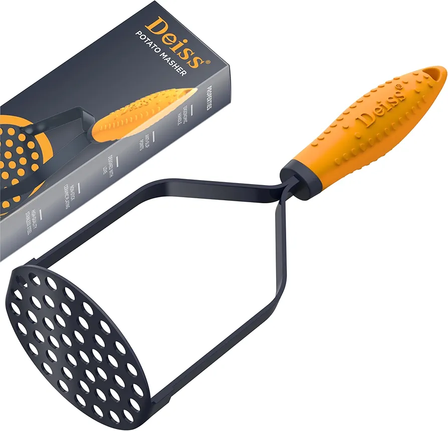 Deiss PRO Heavy Duty Stainless Steel Potato Masher with Non-Slip Rubber Handle High-Quality Hand Held Potato Masher for Struggle-Free Mashing Dishwasher Safe Vegetable and Fruit Masher Black