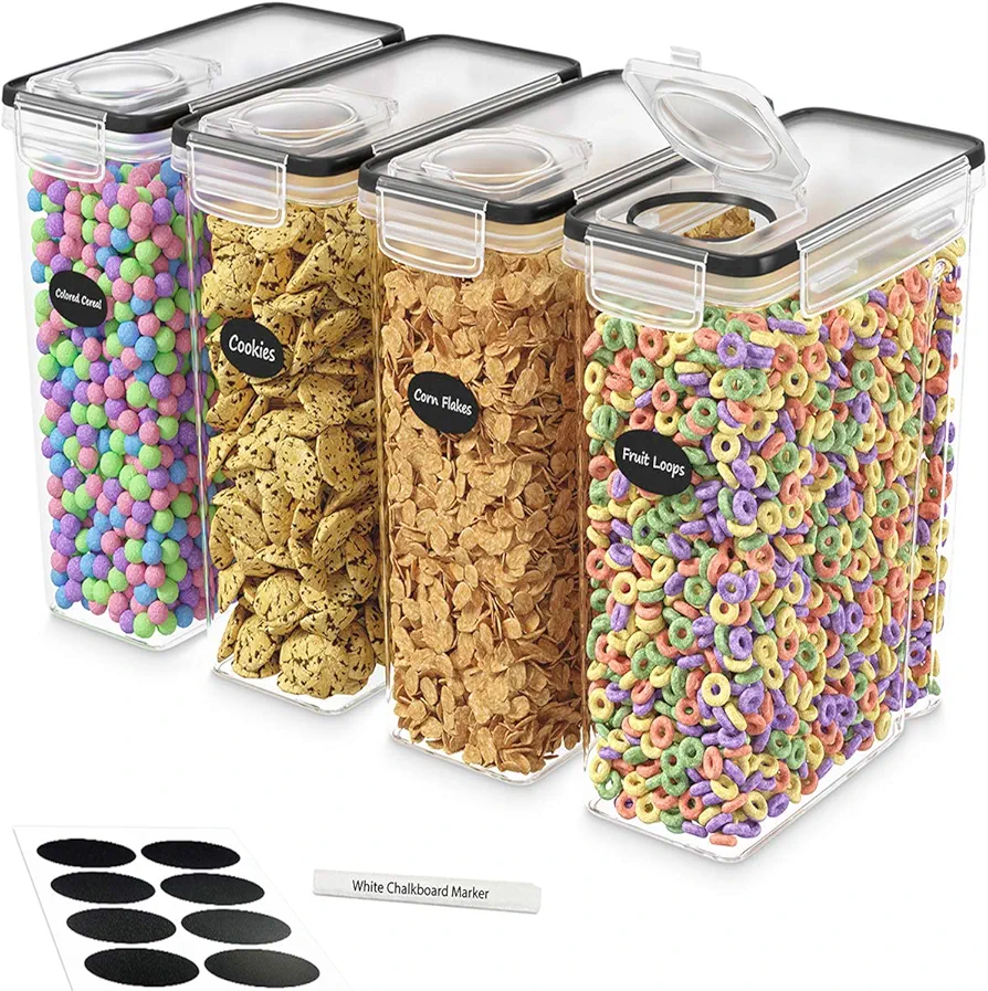 DWËLLZA KITCHEN Cereal Containers Storage - 4 Pack Cereal Dispenser Airtight Food Storage Containers BPA-Free Pantry Organization and Storage, Canister for Flour & Sugar 1 Marker 8 Labels (135.2oz)