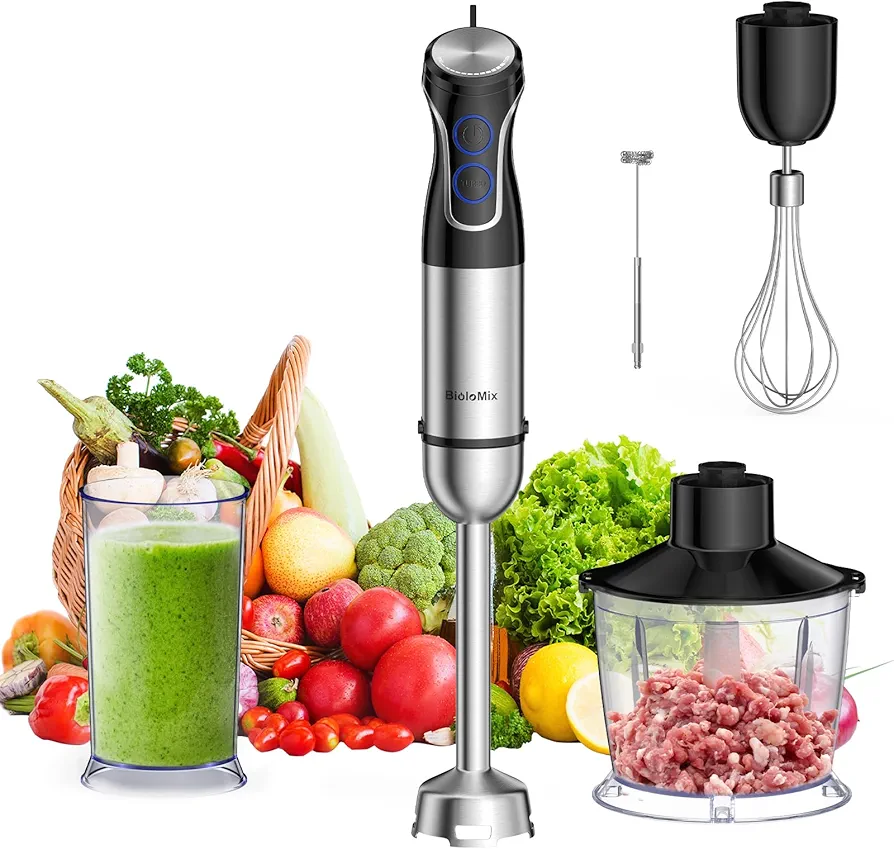 Biolomix Immersion Blender 5 in 1 Hand Blender, 1200W Blender with 304 Stainless Steel Blade, Milk Frother Wand, Whisk, Beaker, Chopper, for Sauce, Soup, Baby Food and Smoothies