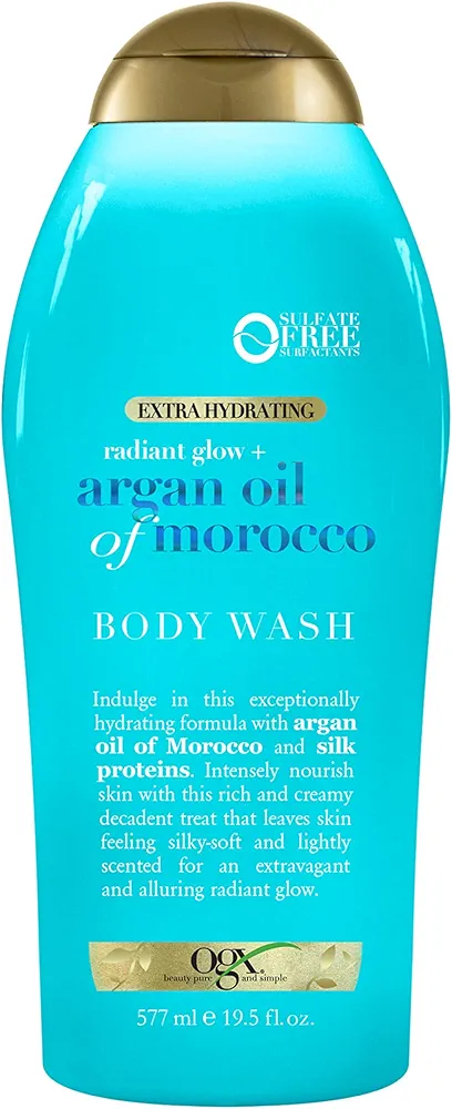 OGX Radiant Glow + Argan Oil of Morocco Extra Hydrating Body Wash for Dry Skin, Moisturizing Gel Body Cleanser for Silky Soft Skin, Paraben-Free, Sulfate-Free Surfactants, 19.5 fl oz