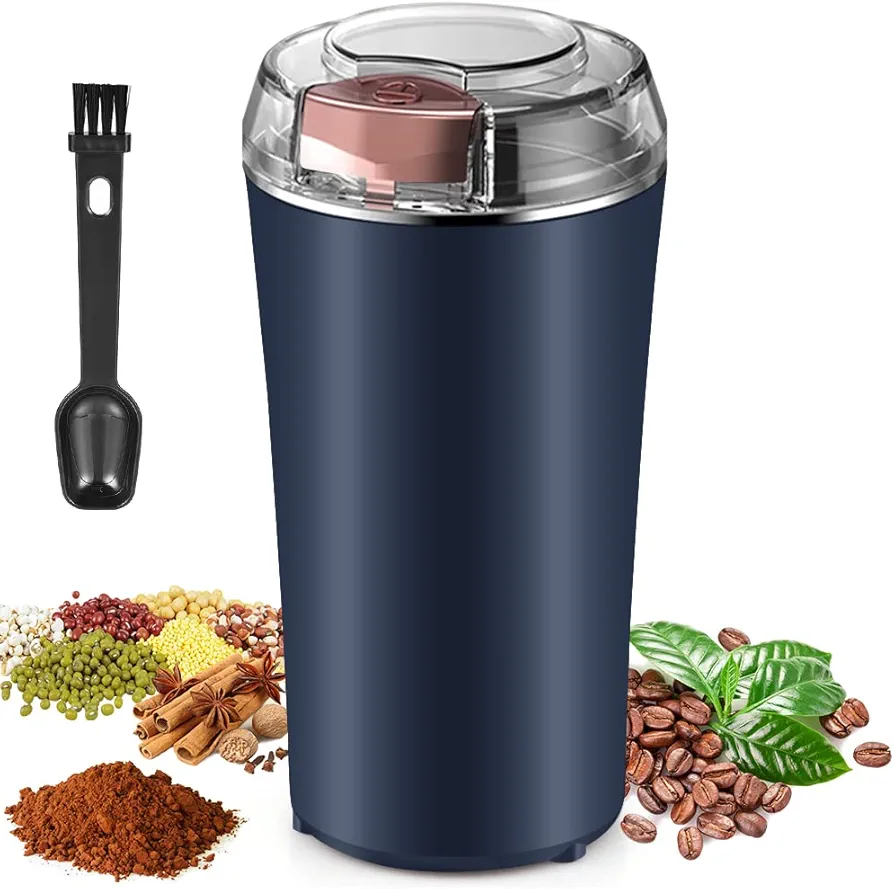Coffee Grinder Electric, Spice Grinder, Coffee Bean Herb Grinder with Integrated Brush Spoon, One-touch Push-Button Stainless Steel Grinding for Herb Peanut Grains Beans(Blue)