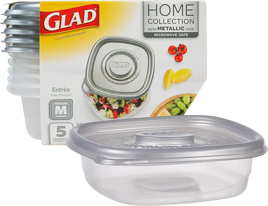 GladWare Home Entree Food Storage Containers, Medium Square Holds 25 Ounces of Food, 5 Count Set |With Glad Lock Tight Seal, BPA Free Containers and Lids